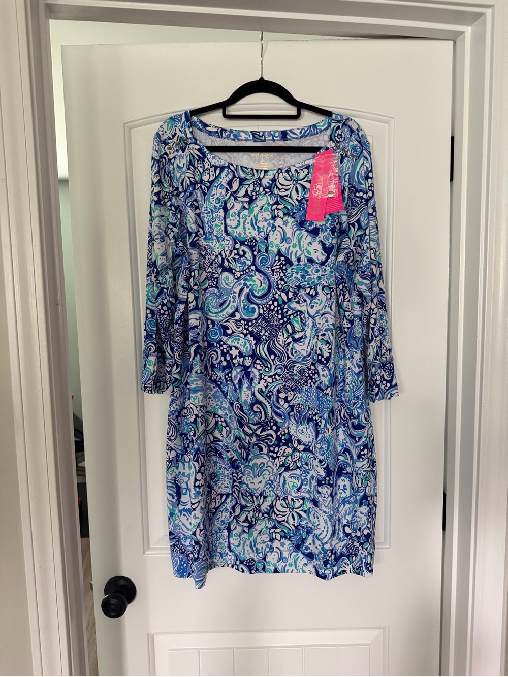 Lilly Pulitzer NWT UPF 50+ Sophie Dress Blue Navy Aqua Paisley Long Sleeve Dress